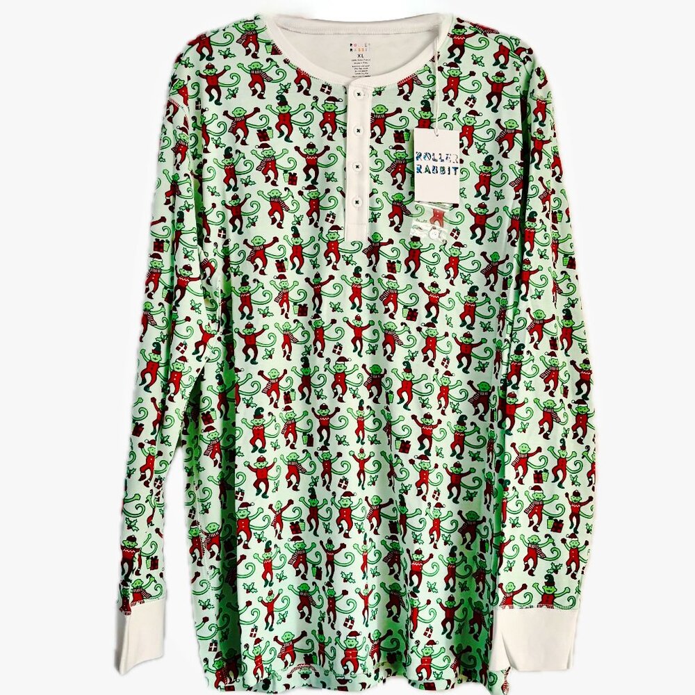 Roller Rabbit Monkey Mas Pajama Shirt Long Sleeve Pima Cotton Top Sz XL Holidays